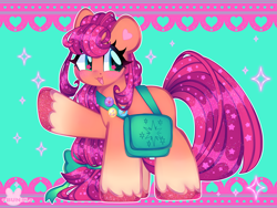 Size: 4000x3000 | Tagged: safe, artist:bunxl, imported from derpibooru, sunny starscout, earth pony, pony, abstract background, badge, bag, blushing, bow, braid, coat markings, cute, eyelashes, female, g5, hair bow, heart, high res, long hair, looking away, mare, open mouth, raised hoof, socks (coat markings), solo, sparkles, starry eyes, stars, sunnybetes, unshorn fetlocks, wingding eyes
