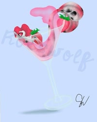 Size: 393x492 | Tagged: safe, artist:roeswolfcreations, imported from derpibooru, oc, oc only, mermaid, merpony, pony, cocktail glass, cup, cup of pony, food, micro, signature, solo, strawberry