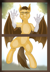 Size: 1748x2480 | Tagged: safe, artist:evomanaphy, imported from derpibooru, oc, oc only, oc:keystroke, hippogriff, hybrid, pony, behaving like a bird, glasses, male, solo, window