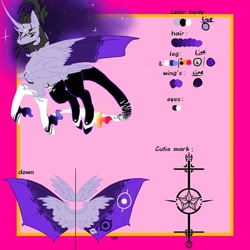 Size: 768x768 | Tagged: safe, artist:_goddesskatie_, imported from derpibooru, oc, oc only, alicorn, bat pony, bat pony alicorn, pony, abstract background, bat pony oc, bat wings, ethereal mane, female, horn, mare, reference sheet, solo, starry mane, wings