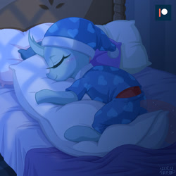 Size: 1200x1200 | Tagged: safe, artist:uotapo, imported from derpibooru, ocellus, changedling, changeling, blushing, clothes, cute, diaocelles, eyes closed, female, hat, hug, nightcap, pajamas, patreon, patreon logo, pillow, pillow hug, sleeping, smiling, solo, that changeling sure does love pillows, 👒🕍ocellus