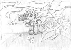 Size: 3494x2474 | Tagged: safe, artist:pegasski, imported from derpibooru, oc, oc only, earth pony, pony, fallout equestria, clothes, earth pony oc, female, flag, grayscale, high res, lineart, mare, monochrome, solo, traditional art