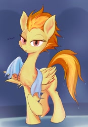 Size: 1430x2057 | Tagged: safe, artist:noupu, imported from derpibooru, spitfire, pegasus, pony, female, lidded eyes, long neck, looking at you, mare, shower, simple background, solo, talking, talking to viewer, towel, wet, wing hands, wings