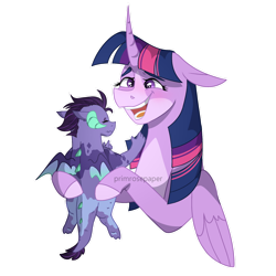 Size: 1280x1280 | Tagged: safe, artist:primrosepaper, imported from derpibooru, twilight sparkle, oc, oc:athena, alicorn, dragon, auntie twilight, baby, baby dragon, duo, happy, holding a dragon, offspring, parent:princess ember, parent:spike, parents:emberspike, simple background, transparent background, twilight sparkle (alicorn)