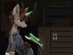 Size: 1280x956 | Tagged: safe, artist:ajaxorsomething, imported from derpibooru, oc, oc only, oc:littlepip, pony, unicorn, fallout equestria, clothes, gun, handgun, jumpsuit, little macintosh, magic, revolver, solo, vault suit, weapon