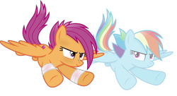 Size: 6015x3278 | Tagged: safe, artist:anime-equestria, imported from derpibooru, rainbow dash, scootaloo, ghost, pegasus, pony, undead, absurd resolution, alternate hairstyle, bandage, bandaid, bandaid on nose, duo, female, flying, mare, older, older scootaloo, scootaloo can fly, simple background, transparent background, vector, wings