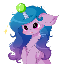 Size: 1000x1000 | Tagged: safe, artist:dddreamdraw, imported from derpibooru, izzy moonbow, pony, unicorn, ball, blushing, chest fluff, female, floppy ears, g5, horn, horn impalement, hornball, izzy's tennis ball, mare, open mouth, simple background, solo, sparkling, tennis ball, white background