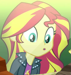 Size: 571x605 | Tagged: safe, imported from derpibooru, screencap, sunset shimmer, eqg summertime shorts, equestria girls, pet project, :o, clothes, cropped, cutie mark, cutie mark on clothes, jacket, leather, leather jacket, open mouth, solo