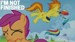 Size: 1280x720 | Tagged: safe, edit, edited screencap, editor:quoterific, imported from derpibooru, screencap, rainbow dash, scootaloo, spitfire, pegasus, pony, season 8, the washouts (episode), spoiler:s08, abuse, angry, clothes, eyes closed, female, filly, flying, mare, open mouth, scared, sunglasses, trio, trio female, yelling