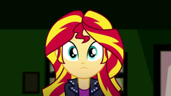 Size: 1920x1080 | Tagged: safe, imported from derpibooru, screencap, sunset shimmer, eqg summertime shorts, equestria girls, pet project, :|, clothes, jacket, leather, leather jacket, looking at you, pov, shirt, solo