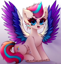 Size: 1145x1200 | Tagged: safe, artist:mite-lime, imported from derpibooru, zipp storm, pegasus, pony, adorazipp, cheek fluff, chest fluff, colored wings, cute, ear fluff, eyelashes, feather, female, g5, hoof fluff, looking at you, mare, multicolored wings, open mouth, shoulder fluff, sitting, solo, spread wings, unshorn fetlocks, wing fluff, wings