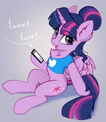 Size: 2800x3248 | Tagged: safe, artist:taneysha, imported from derpibooru, twilight sparkle, alicorn, semi-anthro, alternate hairstyle, cellphone, chest fluff, clothes, female, hair bun, high res, looking at you, meta, phone, shirt, smartphone, smiling, solo, spread wings, twilight sparkle (alicorn), twitter, wings