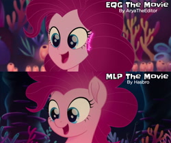 Size: 3725x3120 | Tagged: safe, artist:aryatheeditor, imported from derpibooru, screencap, pinkie pie, earth pony, pony, seapony (g4), equestria girls, my little pony: the movie, clothes, comparison, digital art, element of laughter, equestria girls interpretation, female, happiness, happy, high res, human and pony, jewelry, magical geodes, mare, movie, movie accurate, movie reference, no eyebrows, open mouth, open smile, outfit, pendant, ponied up, pony ears, scene interpretation, screencap reference, seaponified, seapony pinkie pie, seaquestria, shirt, smiling, species swap