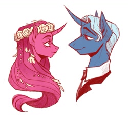 Size: 1101x1041 | Tagged: safe, artist:miss_glowwormis, imported from derpibooru, pony, unicorn, crossover, female, hades, looking at each other, lore olympus, male, persephone, shipping, simple background, straight, white background