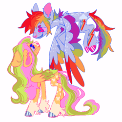 Size: 300x300 | Tagged: safe, artist:wolfkittens, imported from derpibooru, fluttershy, rainbow dash, pegasus, pony, alternate design, alternate hair color, alternate hair style, alternate hairstyle, colored hooves, colored wings, ear fluff, female, filter, flutterdash, lesbian, markings, redesign, shipping, unshorn fetlocks, wings