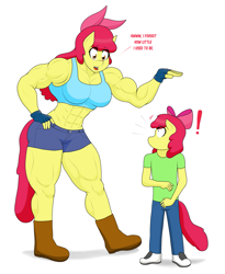 Size: 1793x2191 | Tagged: safe, artist:matchstickman, imported from derpibooru, apple bloom, anthro, earth pony, plantigrade anthro, tumblr:where the apple blossoms, abs, apple bloom's bow, apple brawn, biceps, boots, bow, breasts, busty apple bloom, clothes, deltoids, dialogue, duo, exclamation point, female, filly, fingerless gloves, gloves, hair bow, jeans, looking at each other, mare, matchstickman's apple brawn series, muscles, older, older apple bloom, pants, self ponidox, shirt, shocked, shoes, shorts, simple background, thighs, thunder thighs, time paradox, tumblr comic, white background, wtf