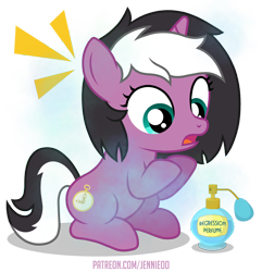 Size: 1156x1200 | Tagged: safe, artist:jennieoo, imported from derpibooru, oc, oc only, oc:charming dazz, pony, skunk, skunk pony, unicorn, age regression, female, filly, foal, perfume, shocked, show accurate, simple background, solo, transparent background, vector