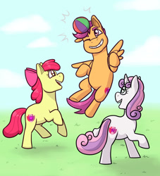 Size: 1280x1409 | Tagged: safe, artist:verikoira, imported from derpibooru, apple bloom, scootaloo, sweetie belle, earth pony, pegasus, pony, unicorn, ball, cutie mark, cutie mark crusaders, female, filly, foal, the cmc's cutie marks, trio, trio female