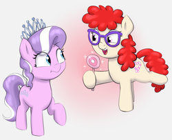 Size: 2572x2092 | Tagged: safe, artist:heretichesh, imported from derpibooru, diamond tiara, twist, earth pony, pony, candy, colored, cute, duo, duo female, female, filly, food, glasses, happy, high res, lollipop, raised leg, simple background, sparkling