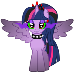 Size: 5656x5523 | Tagged: safe, artist:severity-gray, imported from derpibooru, twilight sparkle, alicorn, pony, altered cutie mark, alternate hairstyle, alternate timeline, alternate universe, collar, corrupted, corrupted twilight sparkle, crown, dark magic, ear piercing, eyeshadow, horn, jewelry, looking at you, magic, makeup, piercing, regalia, ring, simple background, smiling, solo, sombra eyes, spiked collar, spread wings, transparent background, twilight sparkle (alicorn), wings