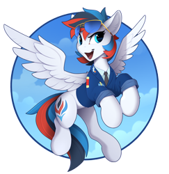Size: 1600x1645 | Tagged: safe, artist:yakovlev-vad, imported from derpibooru, oc, oc only, oc:retro city, pegasus, pony, clothes, flying, lacrimal caruncle, male, open mouth, patreon, patreon reward, slim, solo, sunglasses, thin, uniform