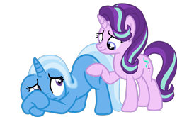 Size: 1314x867 | Tagged: safe, artist:gmaplay, imported from derpibooru, starlight glimmer, trixie, pony, unicorn, butt touch, hoof on butt, scared, simple background, solo, transparent background