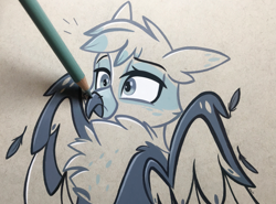 Size: 3241x2392 | Tagged: safe, artist:emberslament, imported from derpibooru, oc, oc only, oc:dillinger, griffon, boop, chest fluff, cute, eared griffon, high res, male, pencil boop, photo, solo, spread wings, surprised, traditional art, wings
