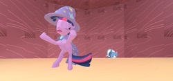 Size: 1280x600 | Tagged: safe, artist:th3m4nw1thn0n4m3, imported from derpibooru, trixie, twilight sparkle, alicorn, pony, unicorn, 3d, accessory theft, cape, clothes, eyes closed, gmod, hat, imitation, open mouth, rearing, source filmmaker, trixie is not amused, trixie's cape, trixie's hat, twilight sparkle (alicorn), unamused