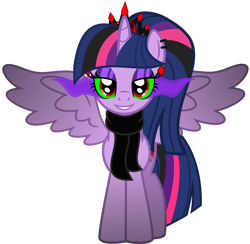 Size: 5656x5523 | Tagged: safe, alternate version, artist:severity-gray, imported from derpibooru, twilight sparkle, alicorn, pony, altered cutie mark, alternate hairstyle, alternate timeline, alternate universe, clothes, collar, corrupted, corrupted twilight sparkle, crown, dark magic, ear piercing, eyeshadow, horn, jewelry, looking at you, magic, makeup, piercing, regalia, ring, scarf, simple background, smiling, solo, sombra eyes, spiked collar, spread wings, transparent background, twilight sparkle (alicorn), wings