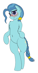 Size: 1000x1900 | Tagged: safe, artist:ponynamedmixtape, imported from derpibooru, petunia paleo, semi-anthro, the last problem, belly, belly button, bipedal, blushing, braided tail, chest fluff, female, older, older petunia paleo, simple background, solo, transparent background