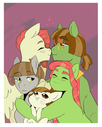 Size: 2086x2605 | Tagged: safe, artist:aztrial, imported from derpibooru, featherweight, mudbriar, tree hugger, oc, oc:banjo bark, oc:bristle canopy, earth pony, bucktooth, colt, dreadlocks, family, freckles, group hug, headcanon, high res, hug, male, nose to nose, siblings, story included