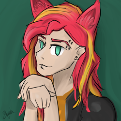 Size: 1586x1586 | Tagged: safe, alternate version, artist:shyinka, imported from derpibooru, sunset shimmer, cat, equestria girls, bust, cat ears, catgirl, eyebrow piercing, lip piercing, nyanset shimmer, piercing, portrait, solo
