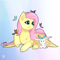 Size: 1000x1000 | Tagged: safe, artist:sinrinf, imported from derpibooru, angel bunny, fluttershy, butterfly, pegasus, pony, angel bunny is not amused, angel is a bunny bastard, angel is not amused, cute, lying down, prone, qr code, shyabetes, simple background, solo, sticker, unamused