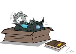 Size: 1152x821 | Tagged: safe, alternate version, artist:rokosmith26, imported from derpibooru, part of a set, oc, oc only, oc:tarsi, changeling, alternate character, bait, behaving like a cat, book, box, changeling in a box, changeling oc, commission, eyes on the prize, floppy ears, glasses, horn, if i fits i sits, imminent pounce, looking at something, lying down, male, part of a series, roko's hunting ponies, simple background, solo, string, tail, transparent background, wings, ych result