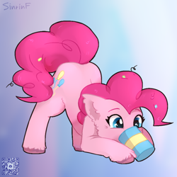 Size: 1000x1000 | Tagged: safe, artist:sinrinf, imported from derpibooru, pinkie pie, earth pony, pony, cheek fluff, confetti, cute, diapinkes, ear fluff, female, gradient background, mare, simple background, solo, sticker, unshorn fetlocks