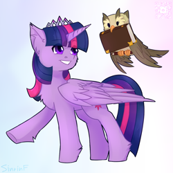 Size: 1000x1000 | Tagged: safe, artist:sinrinf, imported from derpibooru, owlowiscious, twilight sparkle, alicorn, bird, owl, pony, book, crown, flying, jewelry, regalia, simple background, solo, standing, twilight sparkle (alicorn)