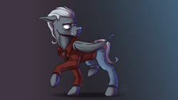 Size: 4000x2250 | Tagged: safe, artist:klarapl, imported from derpibooru, imported from ponybooru, oc, oc only, oc:strapdown, bat pony, pony, bat pony oc, bat wings, cloven hooves, commission, high res, looking back, male, paranoid, raised hoof, raised leg, solo, stallion, wings
