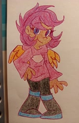 Size: 2659x4160 | Tagged: safe, artist:mirabuncupcakes15, imported from derpibooru, scootaloo, human, boots, clothes, dark skin, female, humanized, older, older scootaloo, pants, shoes, solo, sweater, traditional art, winged humanization, wings