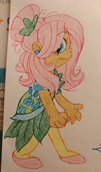 Size: 2439x4148 | Tagged: safe, artist:mirabuncupcakes15, imported from derpibooru, fluttershy, human, alternate hairstyle, clothes, dress, ear piercing, earring, female, flats, humanized, jewelry, piercing, shoes, socks, solo, stockings, thigh highs, traditional art
