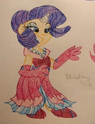 Size: 3013x3917 | Tagged: safe, artist:mirabuncupcakes15, imported from derpibooru, rarity, human, alternate hairstyle, clothes, dress, eyeshadow, female, flats, gloves, grin, high res, horn, horned humanization, humanized, makeup, shoes, simple background, smiling, solo, traditional art, white background