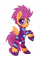 Size: 1500x2129 | Tagged: safe, artist:asimos, artist:maytee, imported from derpibooru, scootaloo, pegasus, pony, season 1, the show stoppers, bipedal, clothes, costume, show stopper outfits, simple background, solo, white background