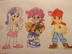 Size: 4160x3120 | Tagged: safe, artist:mirabuncupcakes15, imported from derpibooru, apple bloom, scootaloo, sweetie belle, human, alternate hairstyle, apple bloom's bow, belt, boots, bow, clothes, converse, cutie mark crusaders, eyebrows, eyebrows visible through hair, female, flats, grin, hair bow, high res, horn, horned humanization, humanized, jacket, jeans, leather jacket, older, older apple bloom, older cmc, older scootaloo, older sweetie belle, open mouth, open smile, pants, shirt, shoes, shorts, simple background, sirt, skirt, smiling, sneakers, socks, stockings, t-shirt, thigh highs, traditional art, trio, trio female, watch, white background, winged humanization, wings, wristwatch