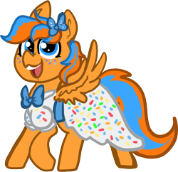 Size: 697x675 | Tagged: safe, artist:nootaz, imported from derpibooru, oc, oc:cold front, pegasus, birthday, bow, clothes, commission, crossdressing, dress, food, gift art, happy, patreon, patreon reward, sprinkles, that stallion sure does love dresses