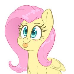 Size: 2000x2000 | Tagged: safe, artist:fluffyxai, imported from derpibooru, fluttershy, pegasus, pony, :p, blushing, bust, cute, female, high res, looking up, mare, shyabetes, simple background, sitting, smiling, solo, tongue out, white background