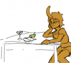 Size: 510x450 | Tagged: safe, artist:snuggleproxy, imported from derpibooru, discord, oc, oc:anon, draconequus, human, toad, animated, blushing, chair, drinking, eris, female, gif, humanized, kissing, male, martini glass, rule 63, sitting, sweat, sweatdrop, table, transformation