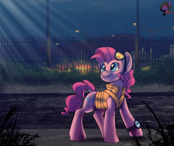 Size: 2584x2160 | Tagged: source needed, safe, artist:brainiac, imported from derpibooru, pinkie pie, earth pony, pony, back to the future, clothes, crepuscular rays, female, head turned, high res, looking up, mare, night, outdoors, pinkie mcpie, solo, sunglasses, turned head, vest, watch, wristwatch