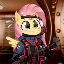 Size: 2000x2000 | Tagged: safe, artist:fchelon, imported from derpibooru, fluttershy, anthro, adorable distress, bandaid, british flag, bust, cheek fluff, clothes, crossover, crying, cute, emanata, female, gas mask, hair accessory, hairpin, hammer, high res, holding, indoors, looking at you, mask, military, military uniform, rainbow six siege, sas, shyabetes, sledgehammer, solo, spread wings, stray strand, sweat, tactical vest, teary eyes, three quarter view, uniform, union jack, vest, wavy mouth, winged anthro, wings