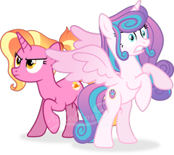 Size: 4382x3899 | Tagged: safe, artist:kojibiose, imported from derpibooru, luster dawn, princess flurry heart, alicorn, pony, unicorn, the last problem, absurd resolution, angry, bipedal, duo, duo female, female, mare, older, older flurry heart, raised hoof, simple background, spread wings, teeth, transparent background, vector, wings