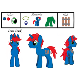 Size: 900x900 | Tagged: safe, artist:ry-bluepony1, imported from derpibooru, oc, oc only, oc:train track, pony, unicorn, clothes, colors, cutie mark, eye color, hoodie, horn, jewelry, male, necklace, peace suit, reference sheet, stallion, unicorn oc