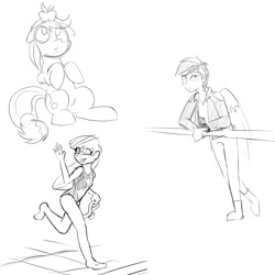 Size: 1500x1500 | Tagged: safe, artist:crade, apple bloom, applejack, rainbow dash, earth pony, human, pony, apple, apple on head, clothes, food, humanized, looking at you, monochrome, one-piece swimsuit, sketch, swimsuit